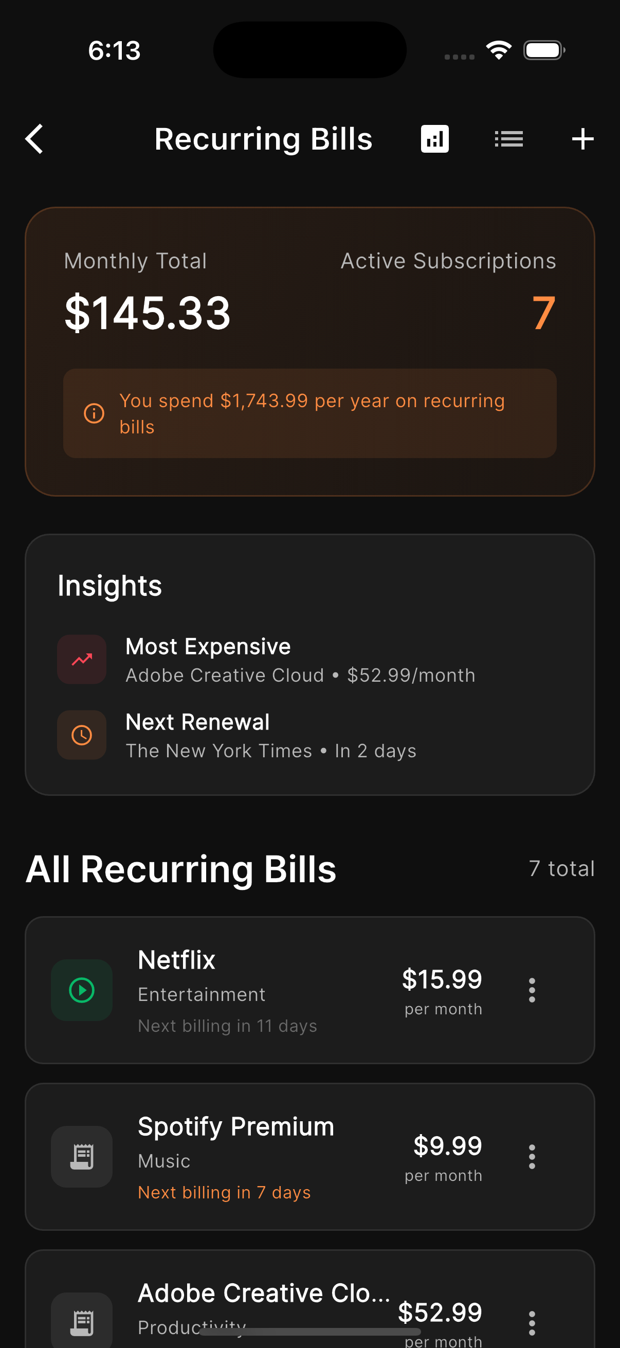 Recurring Bills Screenshot